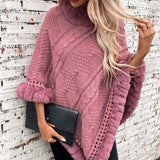 Cable Knit Faux Fur Trim Cape