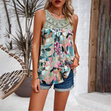 Crochet Yoke Watercolor Floral Sleeveless Blouse