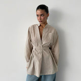 Striped V-Neck Belted Long Sleeve Blouse