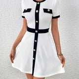 Contrast Trim Buttoned A-Line Dress