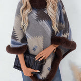Faux Fur Trimmed Geo Knit Poncho