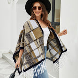 Checked Fringe Hem Cape