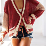 Colorblock Deep V-Neck Knit Cardigan