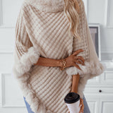 Textured Knit Poncho with Faux Fur