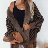 Striped Knit Fringe Cape with Faux Fur Trim
