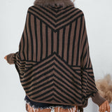 Striped Knit Fringe Cape with Faux Fur Trim