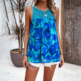Crochet Yoke Watercolor Floral Sleeveless Blouse