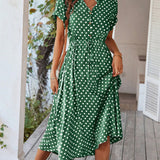 Polka Dot Midi Dress with Drawstring Waist