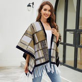Checked Fringe Hem Cape