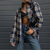 Navy Beige Plaid Oversized Flannel Shirt