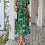 Polka Dot Midi Dress with Drawstring Waist