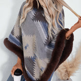 Faux Fur Trimmed Geo Knit Poncho