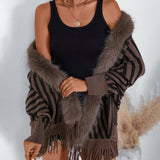 Striped Knit Fringe Cape with Faux Fur Trim