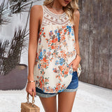 Crochet Yoke Watercolor Floral Sleeveless Blouse
