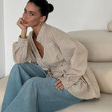 Striped V-Neck Belted Long Sleeve Blouse