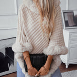 Textured Knit Poncho with Faux Fur