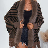 Striped Knit Fringe Cape with Faux Fur Trim