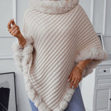 Textured Knit Poncho with Faux Fur