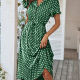 Polka Dot Midi Dress with Drawstring Waist
