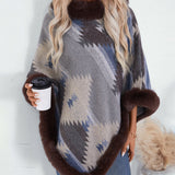 Faux Fur Trimmed Geo Knit Poncho