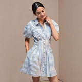 Striped Puff Sleeve Button-Front Mini Dress