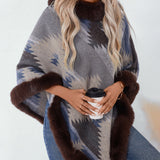 Faux Fur Trimmed Geo Knit Poncho