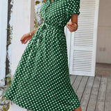 Polka Dot Midi Dress with Drawstring Waist