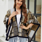 Checked Fringe Hem Cape