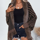 Striped Knit Fringe Cape with Faux Fur Trim