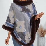 Faux Fur Trimmed Geo Knit Poncho