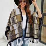 Checked Fringe Hem Cape