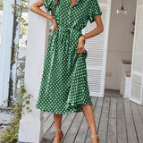 Polka Dot Midi Dress with Drawstring Waist