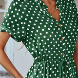 Polka Dot Midi Dress with Drawstring Waist