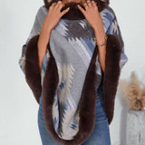 Faux Fur Trimmed Geo Knit Poncho