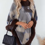Faux Fur Trimmed Geo Knit Poncho