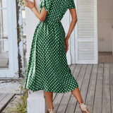 Polka Dot Midi Dress with Drawstring Waist