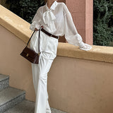 Sheer Tencel Bow-Tie Blouse with Flared Cuffs