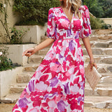 Printed short sleeved long dress