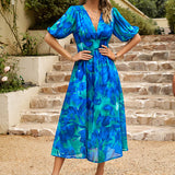 Printed short sleeved long dress