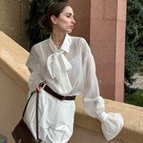 Sheer Tencel Bow-Tie Blouse with Flared Cuffs