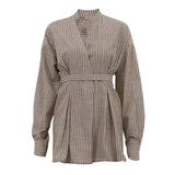 Striped V-Neck Belted Long Sleeve Blouse