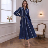 Navy Stripe Trim Belted Shirt Dress