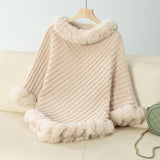 Textured Knit Poncho with Faux Fur