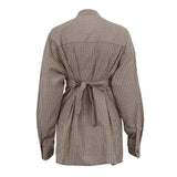 Striped V-Neck Belted Long Sleeve Blouse