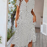 Polka Dot Midi Dress with Drawstring Waist