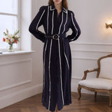 Navy Stripe Trim Belted Shirt Dress