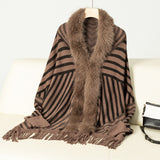 Striped Knit Fringe Cape with Faux Fur Trim