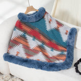 Faux Fur Trimmed Geo Knit Poncho