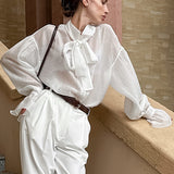 Sheer Tencel Bow-Tie Blouse with Flared Cuffs