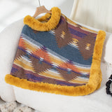 Faux Fur Trimmed Geo Knit Poncho